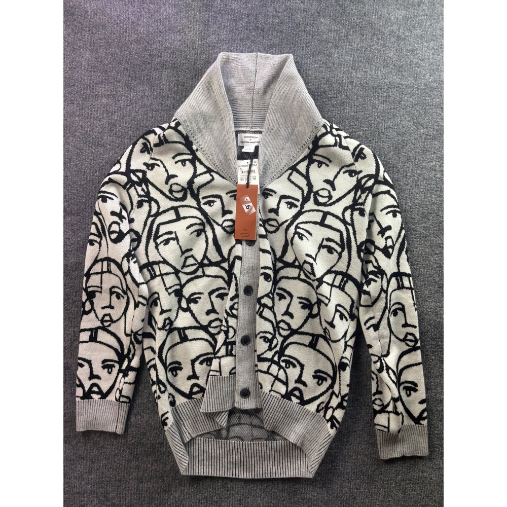Nordstrom Cristina Martinez Cardigan Womens Medium Black White Face Print Wool